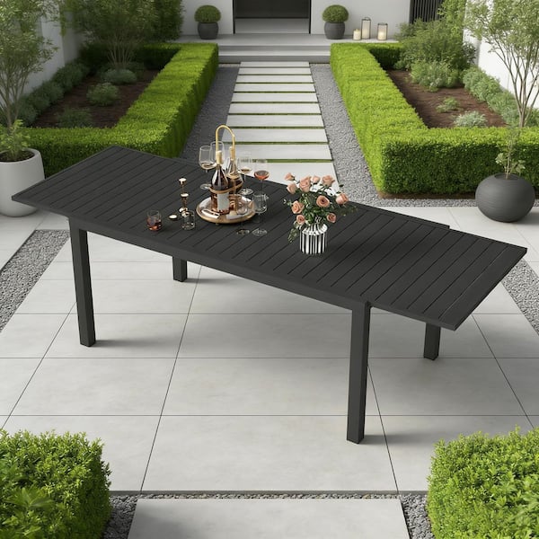 Black Rectangle Aluminum Outdoor Dining Table with Extension W
