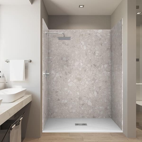 Bono Beige 32 in. x 60 in. x 84 in. Solid Composite Stone Alcove Shower Kit with Walls and White Pan Base Center Drain