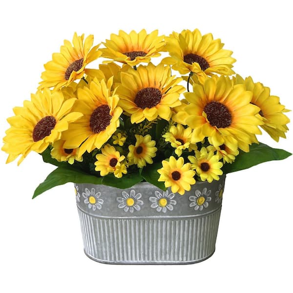 11 in.Yellow Artificial Sunflower Potted Plant, Faux Silk Floral Desktop Ornament, 3-Pot, Farmhouse and Home Décor