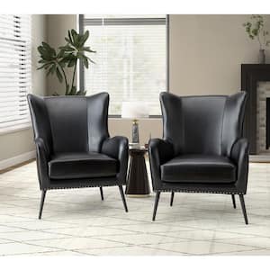 Harpocrates Modern Black Wooden Upholstered Nailhead Trims Armchair With Metal Legs Set of 2