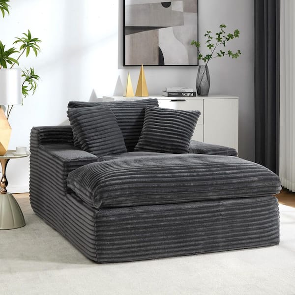 Gray Plush Faux Fur Upholstered Square Arm Chaise Lounge Full Foam Sleeper Sofa Bed with 2 Comfy Pillows