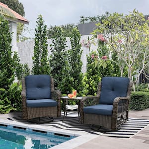 3-Piece Wicker Outdoor Rocking Chair Patio Conversation Set 360-Degree Swivel Chairs with Navy Cushions and Side Table