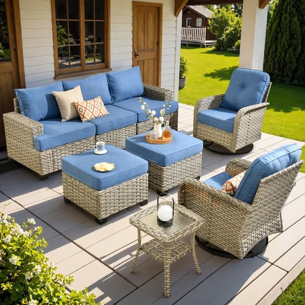 OVIOS Vinceny Gray 8-Piece Wicker Patio Conversation Seating Set with Diamond Blue Cushions and Swivel Chairs