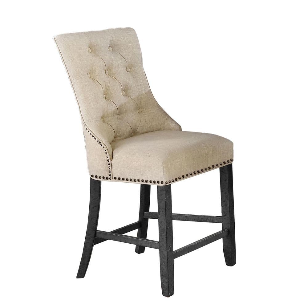 Dark Gray Wood Counter Height Dining Set with Beige Linen Chairs