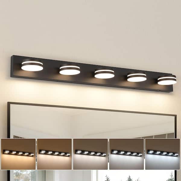 40.55 in. 5 Light Black Bathroom Dimmable LED Vanity Light with 5-CCT Adjustable Switch and Acrylic Lampshade