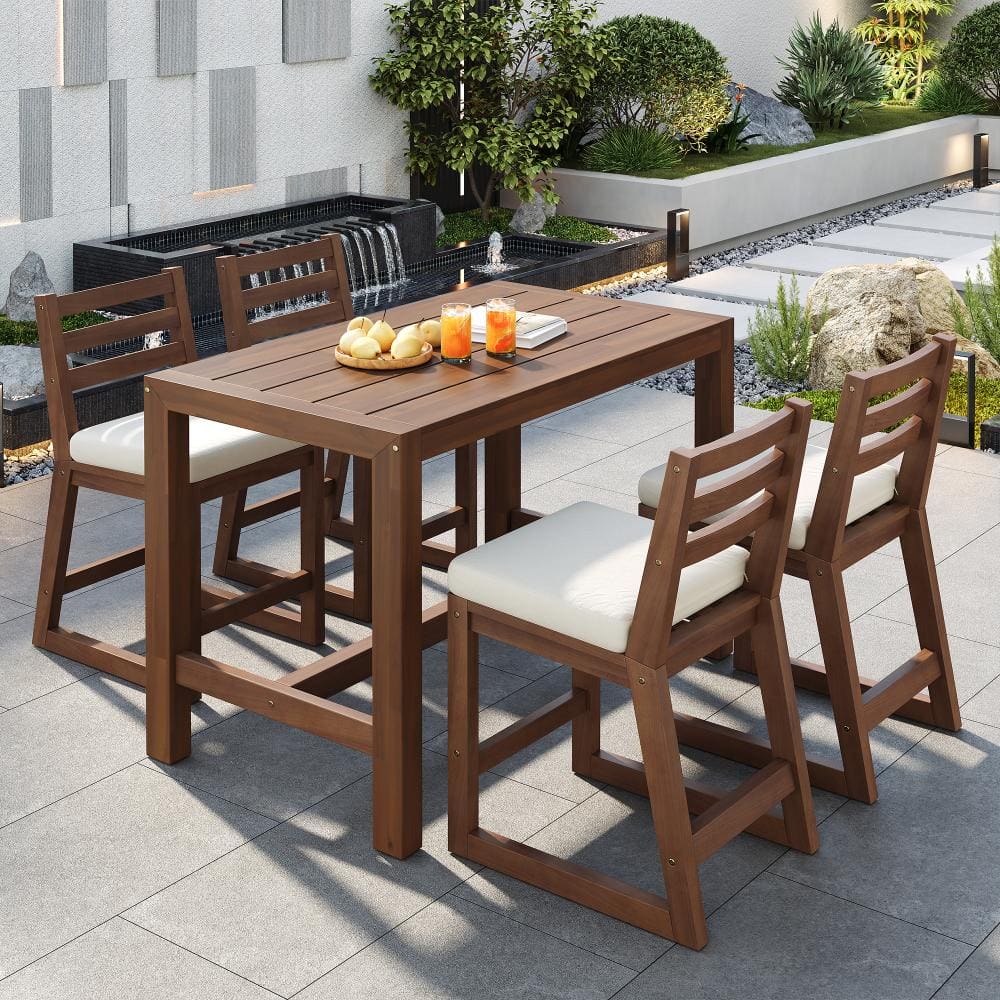 5-Piece Mocha Brown Acacia Wood Patio Bar Set with Beige Cushions price history on PriceWatchPro