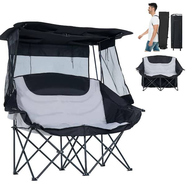 Double Beach Chair with Canopy Shade Oversized Folding Camping Chair Loveseat Camp Chair with Cup Holder, Blue