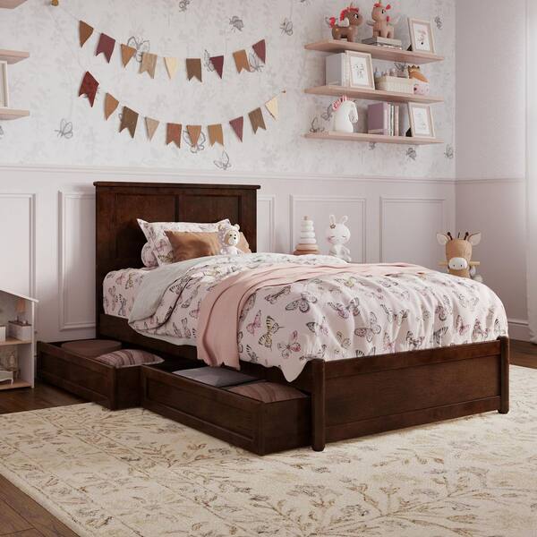 Felicity Walnut Brown Solid Wood Frame Twin Platform Bed with Panel Footboard and Storage Drawers