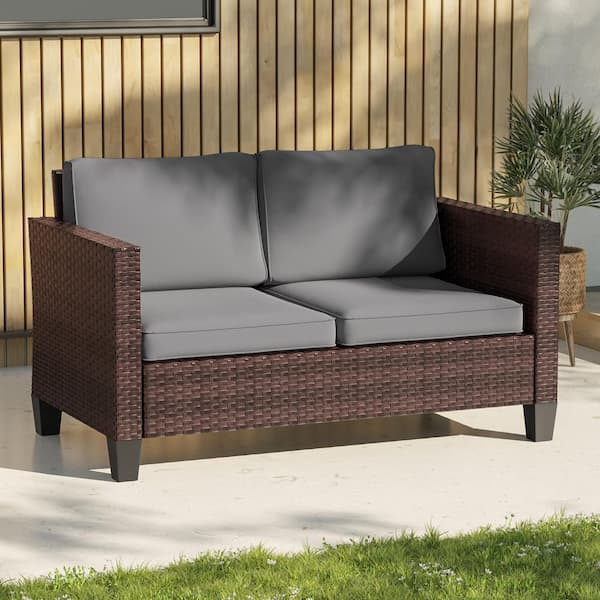 Metal Frame Brown Wicker Outdoor Loveseat Patio Chaise Lounge with High Back and Gray Cushions