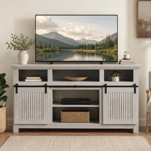 Farmhouse 60.6 in. Wash White Gray TV Stand Entertainment Center Fits TV's up to 65 in. with Sliding Barn Door Cabinet
