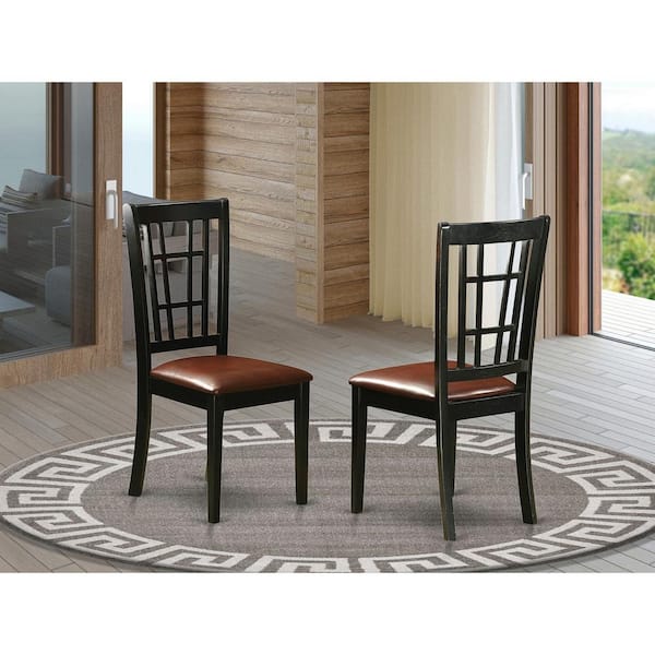 East West Furniture Black Faux Leather Upholstered Wooden Chairs With Cushion, Set of 2