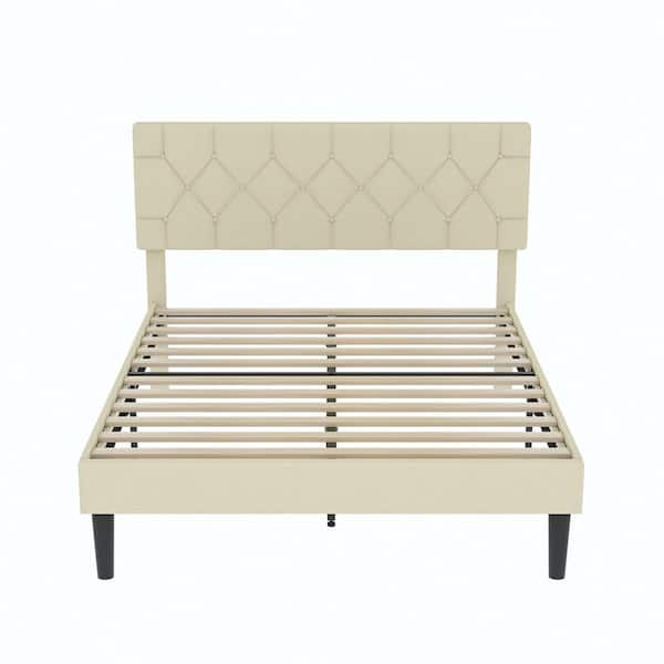 VECELO Upholstered Bed Beige Metal Frame Queen Platform Bed with Button Tufted Headboard, Wood Slat Support