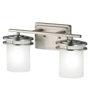 Hendrik 14.5 in. 2-Light Brushed Nickel Contemporary Bathroom Vanity Light with Etched Glass Shade