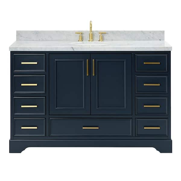 Stafford 54 in. W x 22 in. D x 36 in. H Single Sink Bath Vanity in Midnight Blue with Carrara White Marble Top