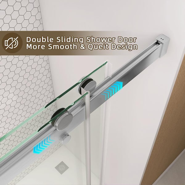 NTQ 60 in. W x 79 in. H Soft Close Double Sliding Bypass Frameless Glass Shower Door in Brushed Nickel 3/8 in. Clear Glass