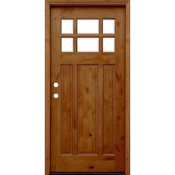 Pacific Entries 36 in. x 80 in. Craftsman Rustic 6 Lite Stained Knotty Alder Wood Prehung Front Door with 6 in. Wall Series