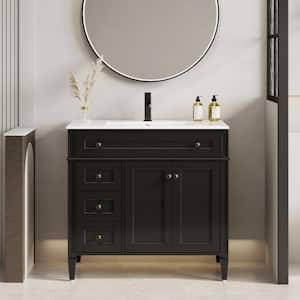 36 in. W x 18 in. D x 34 in. H 1-Sink Freestanding Bath Vanity in Black with White Ceramic Top and Drain Faucet Set