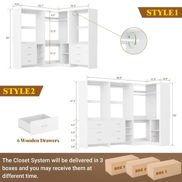 Aheaplus 92.6-in L-Shaped Walk-In Closet Systems with 6 Drawers