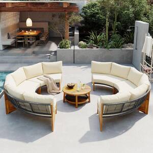 3-Piece Wood Patio Conversation Set with Beige Cushions
