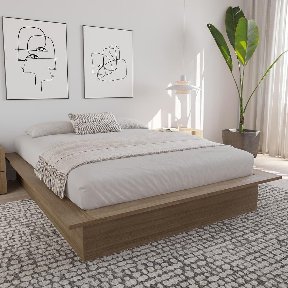 Nexera Malibu Brown Oak Wood Frame Queen Size Platform Bed