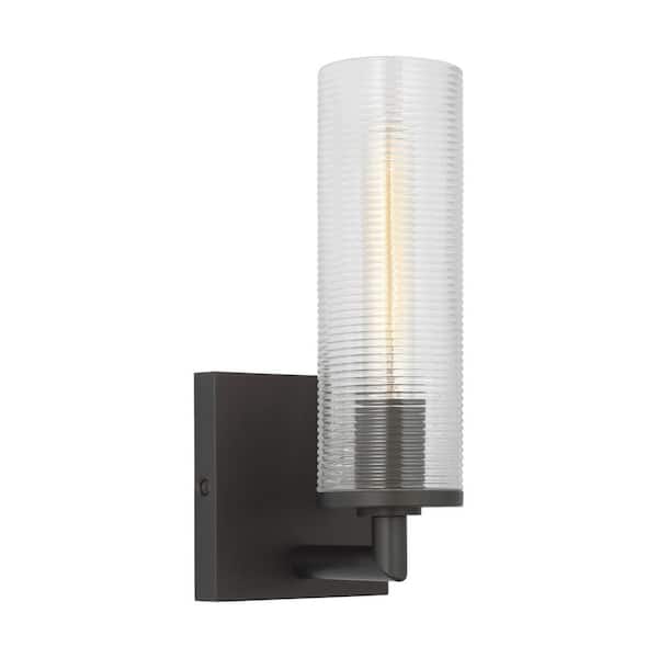 Sarita Small 1-Light Midnight Black Wall Sconce with Clear Ribbed Glass Shade
