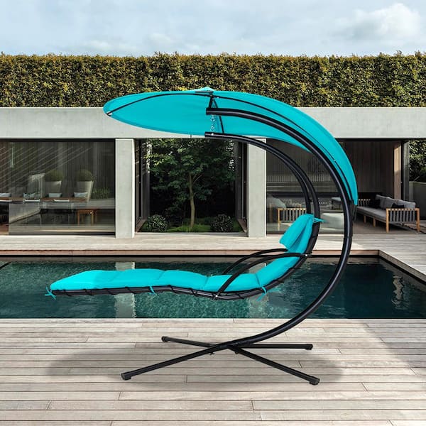 Maypex 73 in. Steel Outdoor Floating Hanging Curved Chaise Lounge Chair with Teal Cushion and Canopy Umbrella