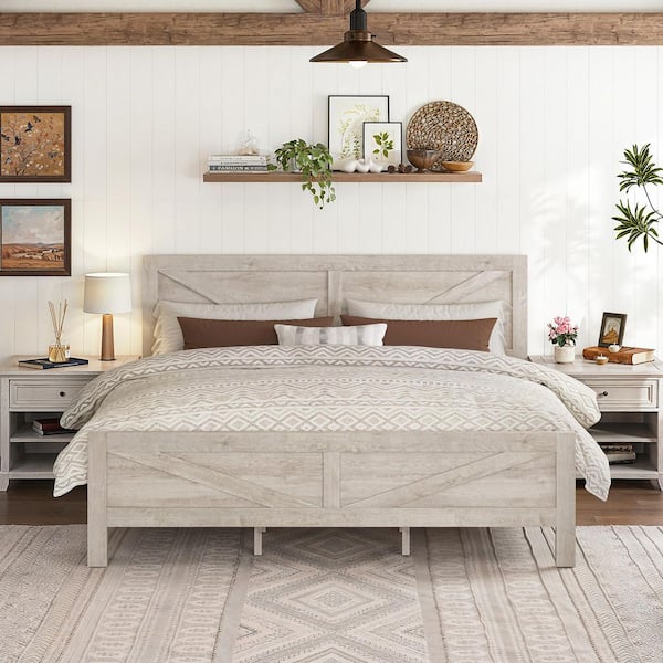 Rustic White Engineered Wood Frame King Size Platform Bed with Headboard, Footboard, and Under Bed Storage