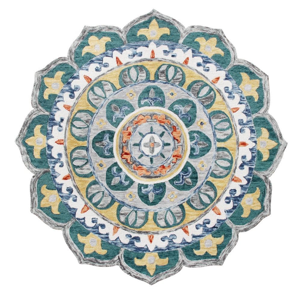 Suzy Radiant Teal/Gray 6 ft. Round Hand Hooked Mandala Medallion Wool Area 