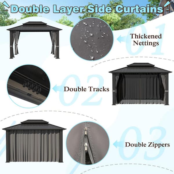 12 ft. W x 10 ft. D Aluminum Double Hardtop Gazebo with Galvanized Steel Roof, Curtains and Netting
