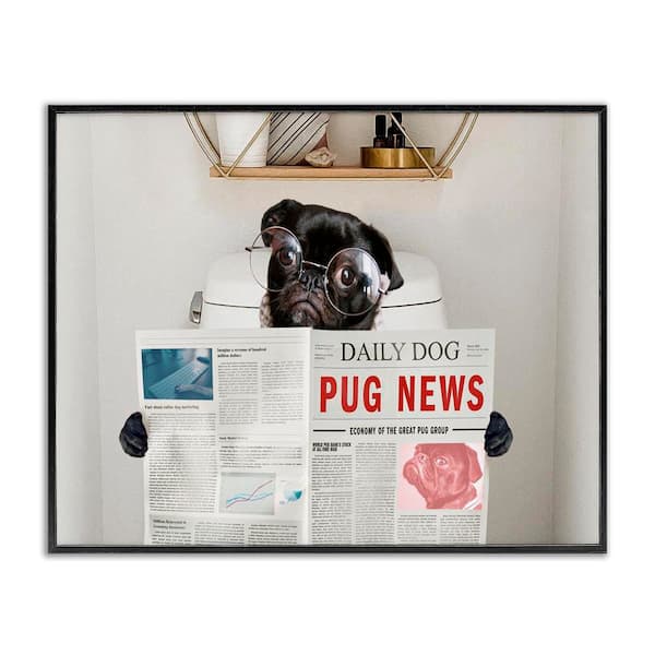 Bathroom Pug with Newspaper by Ziwei Li Black Framed Giclee Art Print Animal 30 in. x 24 in.