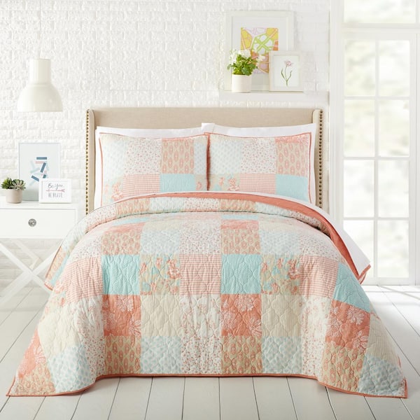Jessica Simpson 3-Piece Coral Ikigai Polyester Full Queen Quilt Set