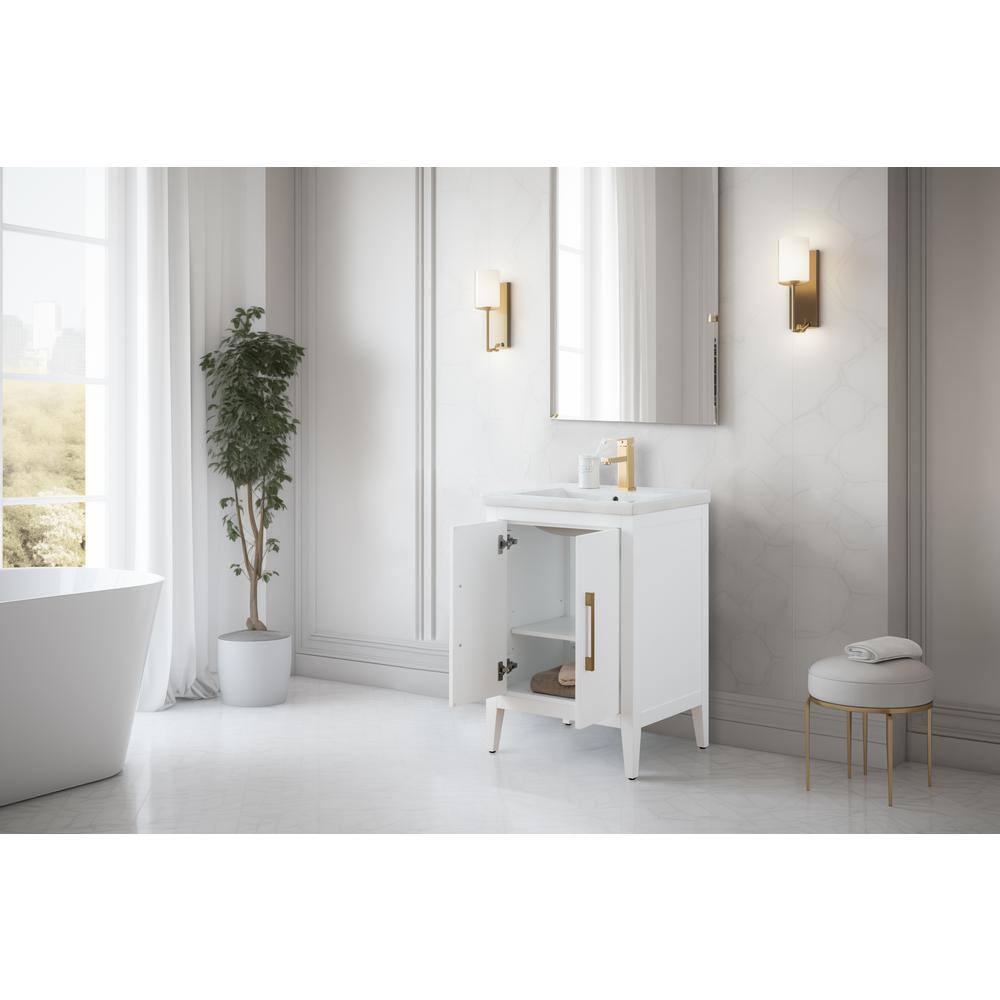 24" White Single Sink Bathroom Vanity with Gold Hardware