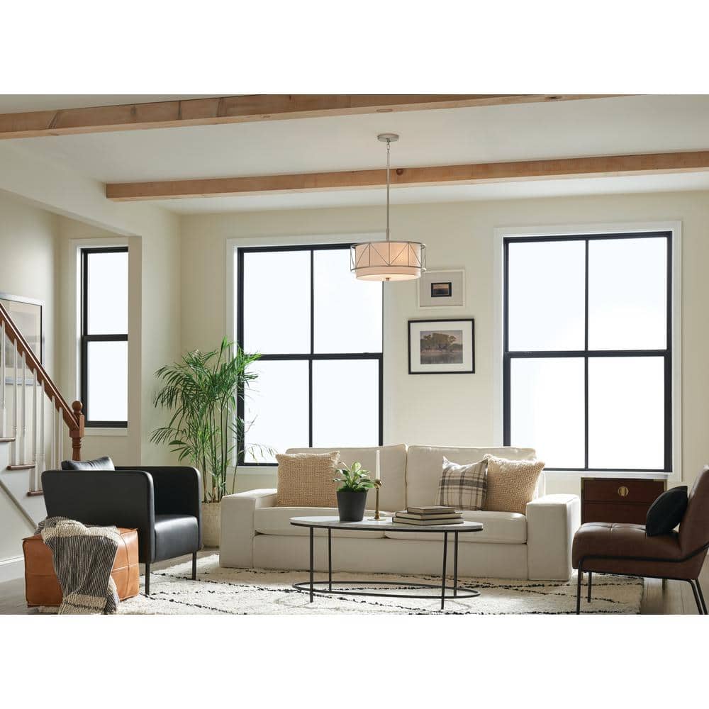 Satin Nickel 18" Drum Pendant Light with Glass Shade