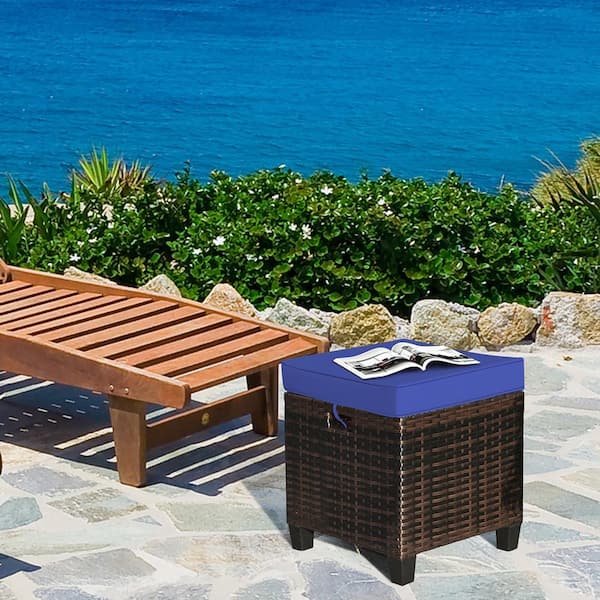 2 Rattan Ottomans Navy Cushioned Seat Foot Rest Set Outdoor Garden Furniture