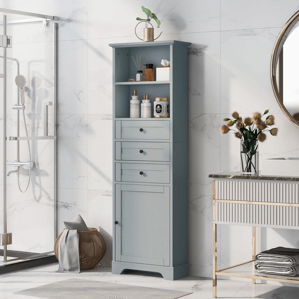22 in. W x 10 in. D x 69 in. H Grey Wood Freestanding Linen Cabinet with Ad