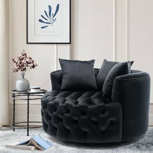 Black Swivel Upholstered Barrel Living Room Chair With Tufted Cushions