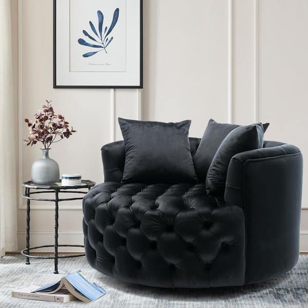 HOMEFUN Black Swivel Upholstered Barrel Living Room Chair With Tufted Cushions