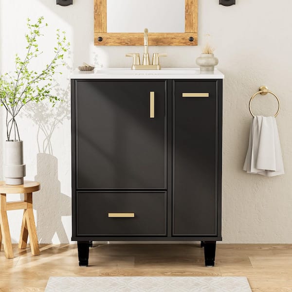 24 in. Single Sink Freestanding Black Bath Vanity with White Ceramic Top and Pull-Out Drawer Storage Cabinet Unassembled