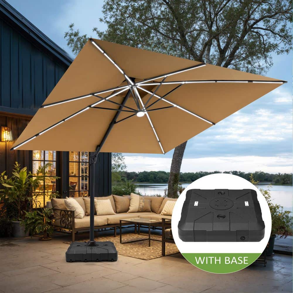 Pellebant 11 ft. Square Solar LED Patio Umbrella Outdoor Heavy-Duty 360 Rotation Cantilever Offset Umbrella in Tan with Base PU107LTANUB024 - The ... Pellebant 11 ft. Square Solar LED Patio Umbrella Outdoor Heavy-Duty 360 Rotation Cantilever Offset Umbrella in Tan with Base PU107LTANUB024 - The ...
