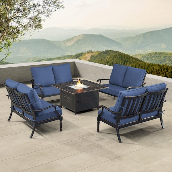 Oakland Living Black 5Piece Aluminum Patio Fire Pit Set with Blue