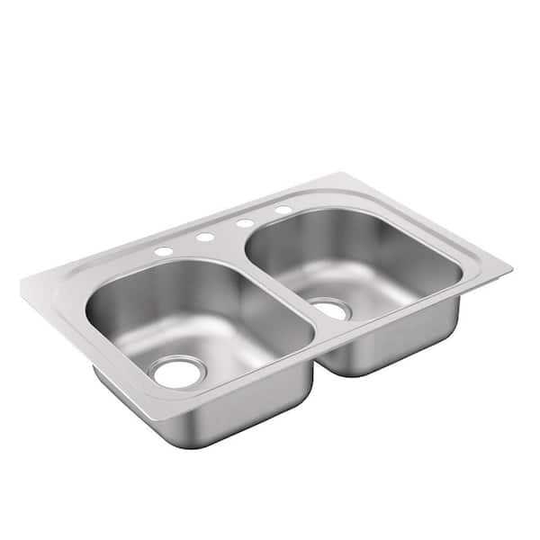MOEN 2000 Series Drop-In Stainless Steel 33 in. 4-Hole Double Bowl Kitchen Sink with QuickMount