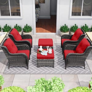 6-Piece Wicker Outdoor Patio Conversation Lounge Chair Set with Red Cushions and Ottomans