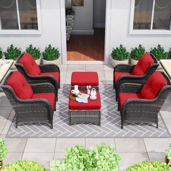 Gardenbee 6-Piece Wicker Outdoor Patio Conversation Lounge Chair Set with Red Cushions and Ottomans