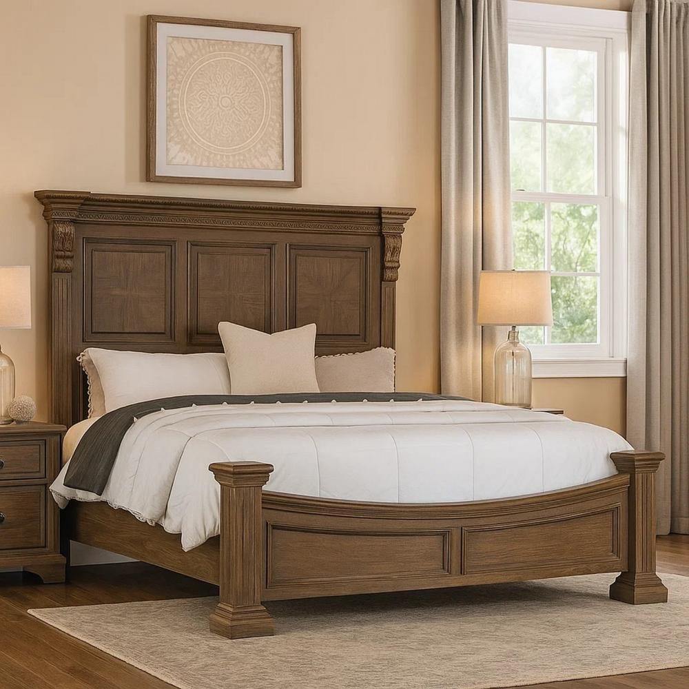 Reven Weathered Oak Brown Wood Frame Queen Panel Bed with Transitional Panel Design