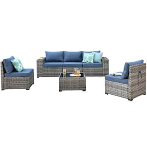 Crater Gray 6-Piece Wicker Wide-Plus Arm Outdoor Patio Conversation Sofa Set with Denim Blue Cushions