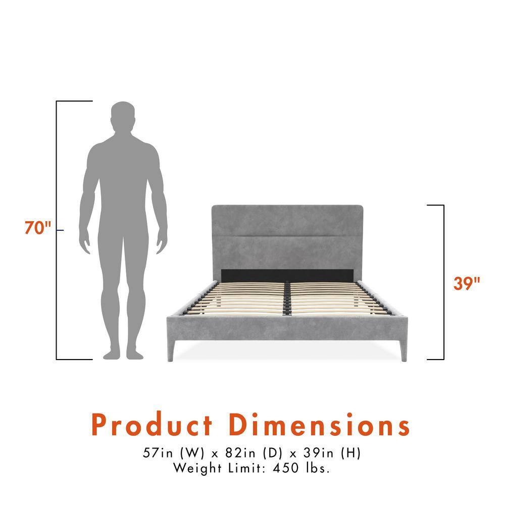 Full Light Gray Velvet Upholstered Platform Bed with Tufted Headboard