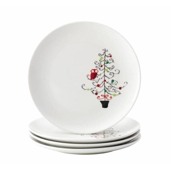 Rachael Ray Dinnerware 4-Piece Salad Plate Set in Hoot's Decorated Tree with Tree Pattern