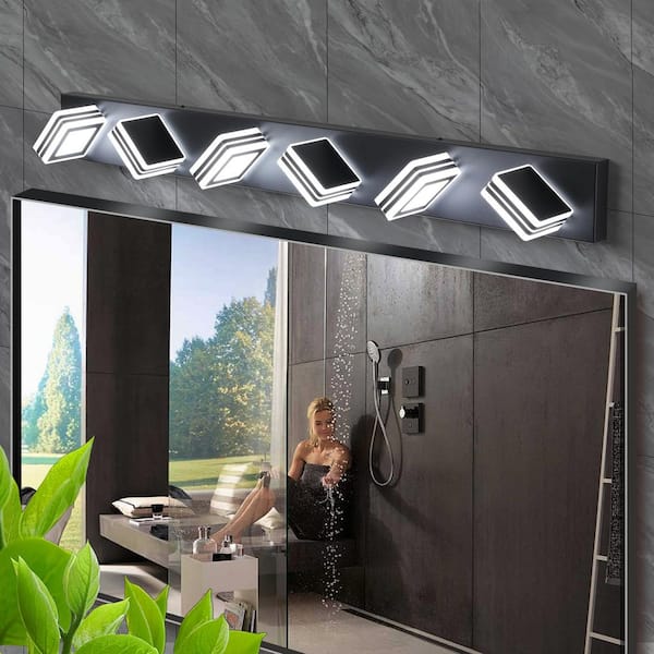 40 in. Modern 6-Light Black LED Vanity Light Over Mirror Bath Wall Lighting Fixtures with Square Acrylic Lampshades