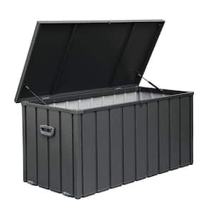 120 Gal. Dark Gray Metal Outdoor Storage Deck Box Storage Box Waterproof w/Hydraulic Rod, Caster, Slight Slope Design