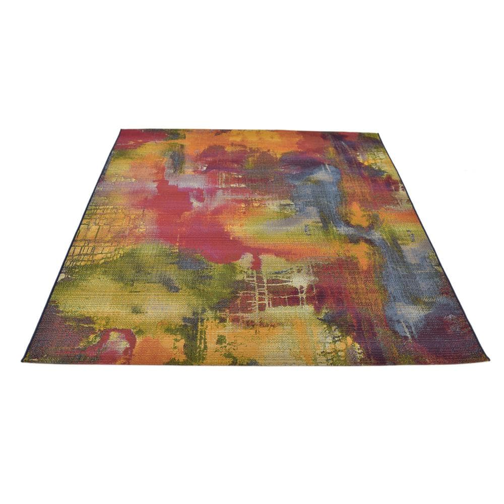 Vibrant Abstract Multi-Color 6' Square Outdoor Synthetic Rug